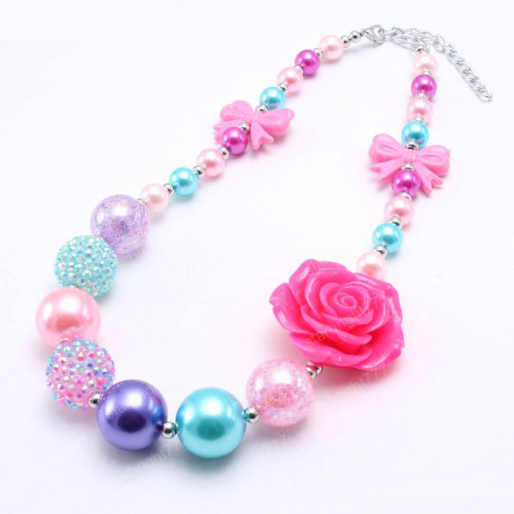 Pretty Bow Flower Kid Chunky Necklace Newest Arrivel Fashion Bubblegume Bead Chunky Necklace Jewelry For Baby Kid Girl