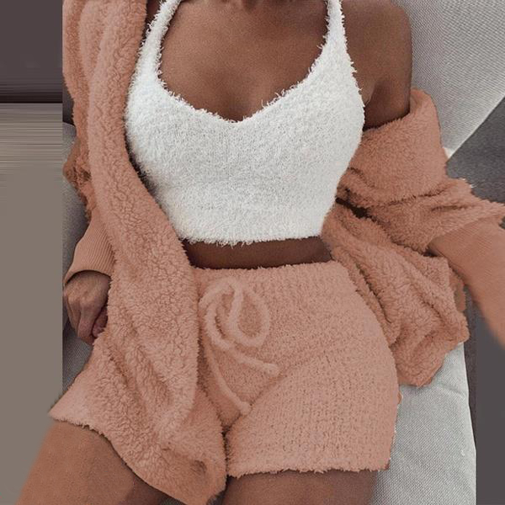Plush Tracksuit Women 3 Pieces Set Sweatshirts Sweatpants Sweatsuit Jacket Crop Top Shorts Suit Sports Suit Jogging Femme1