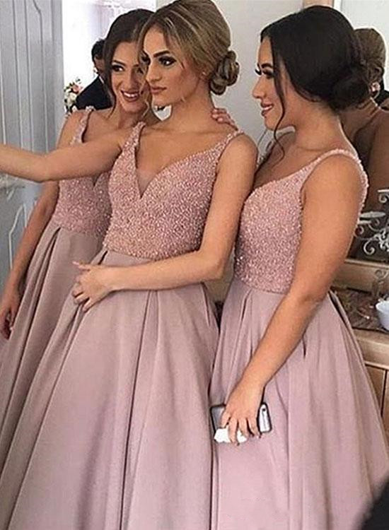 2019 Elegant Beaded Satin Bridesmaid Blush Pink Maid Of Honor Dress V Neck Evening Party Wedding Guest Dresses Custom Made 0510