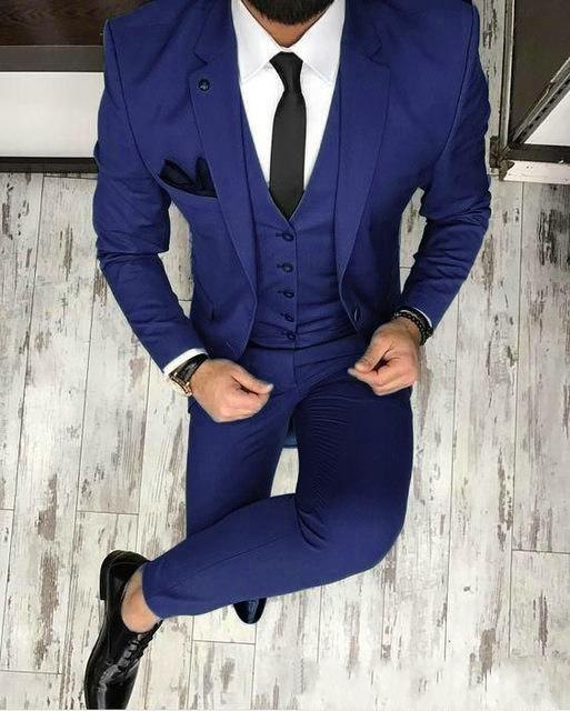High Quality Two Buttons Blue Wedding Groom Tuxedos Notch Lapel Groomsmen Men Formal Prom Suits Bridegroom (Jacket+Pants+Vest+Tie) W115