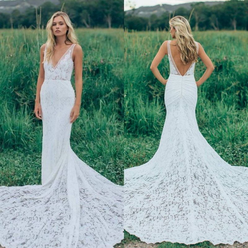 2020 Simple Mermaid Wedding Dresses Deep V Neck Sleeveless Appliques Lace Wedding Dresses Sweep Train Vestidos De Novia, Custom made from color chart
2020 Simple Mermaid Wedding Dresses Deep V Neck Sleeveless Appliques Lace Wedding Dresses Sweep Train Vestidos De Novia, Custom made from color chart