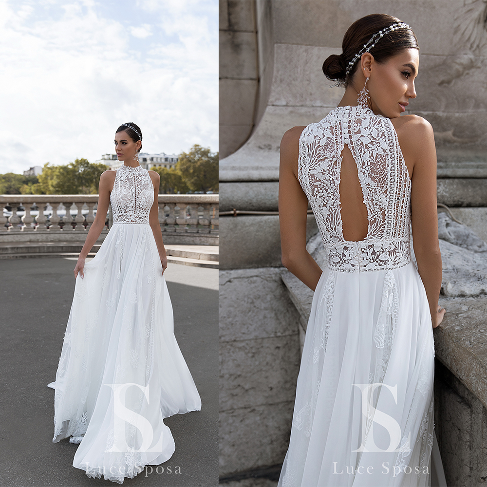 bohenmian bridal dresses high neck beaded appliqued sleeveless wedding dress hollow back ruffle sweep train custom made robes de marie