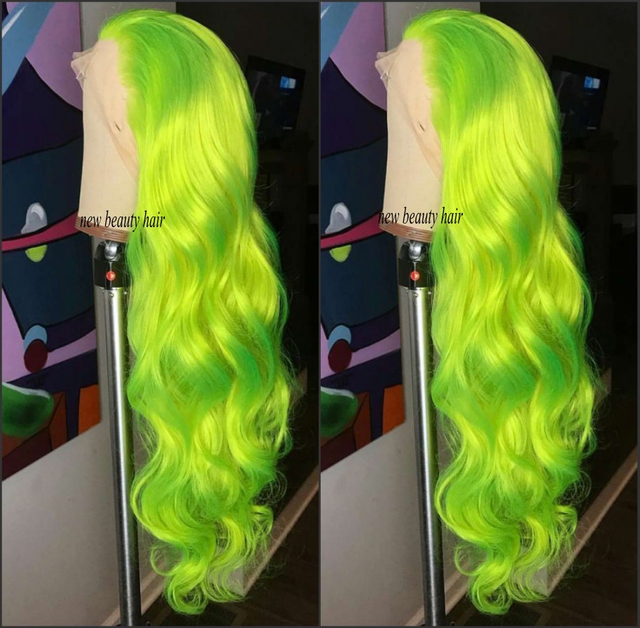 Natural Long body wave free part Apple Green wig High Density Glueless Synthetic Lace Front Wigs for Women Party Makeup cosplay