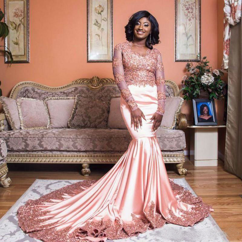 Gorgeous Pink Mermaid Prom Dresses 2019 Plus Size Lace Applique Beaded African Black Girls Evening Dress Long Sleeve Ruched Cocktail Dresses