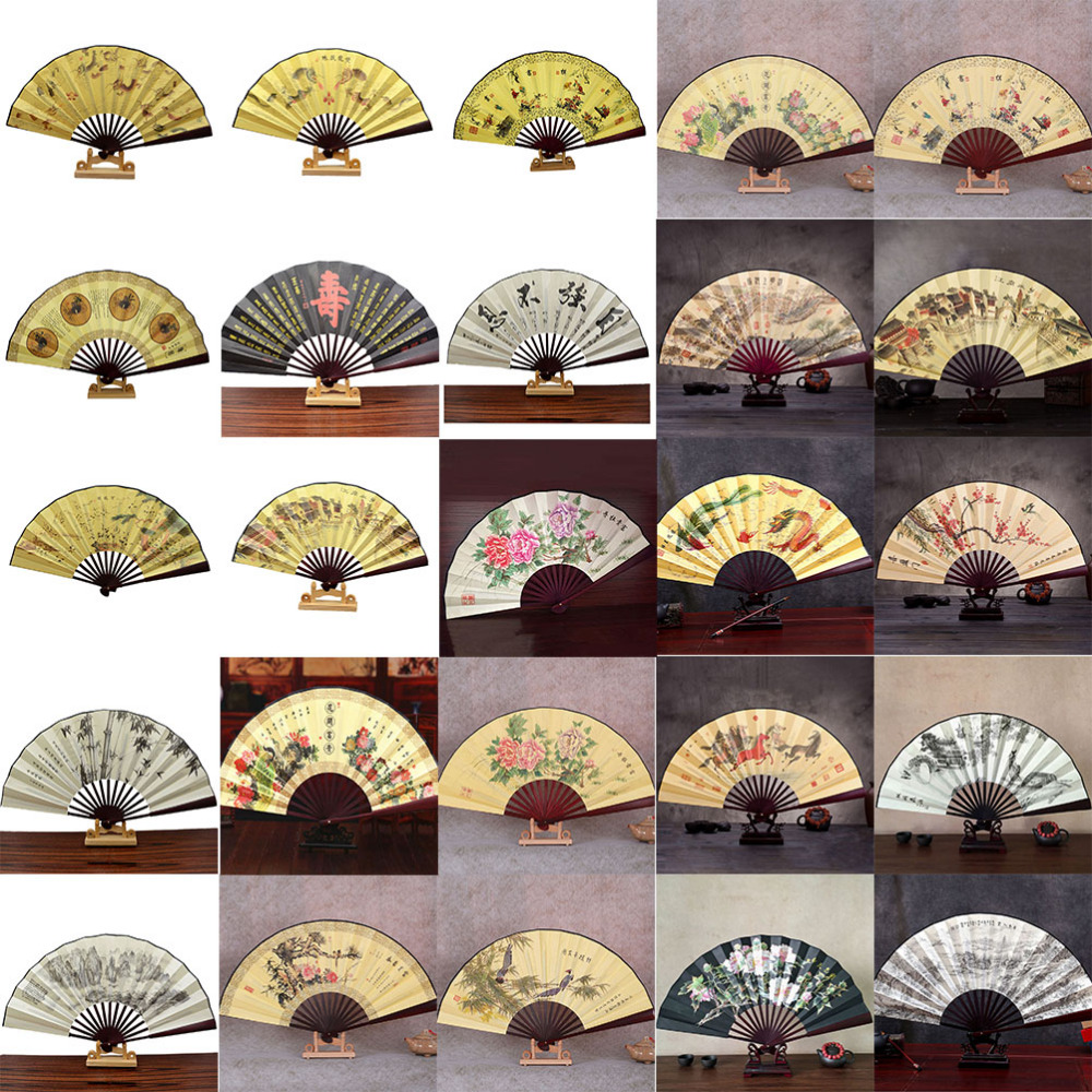 Lotus Flower Pattern Silk Bamboo Folding Hand Fans for Men Vintage Pocket Folding Fan Chinese Style