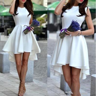 2020 High Low White Prom Dresses Satin Scoop Zipper Up Party Dresses Evening Cocktail Bridesmaid Homecoming Gowns