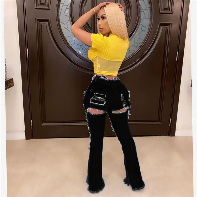 XL Women blue bell-bottom strethy jeans washed ripped holes denim pants trendy flared Pants fashion black high waist leggings 3265