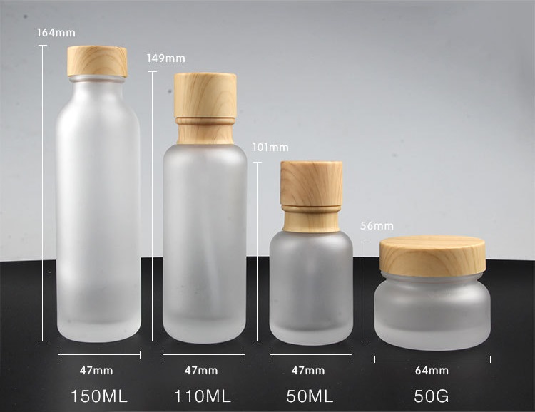 Frosted Glass Jar Cream Bottles Round Cosmetic Jars Hand Face Lotion Pump Bottle with wood grain cap