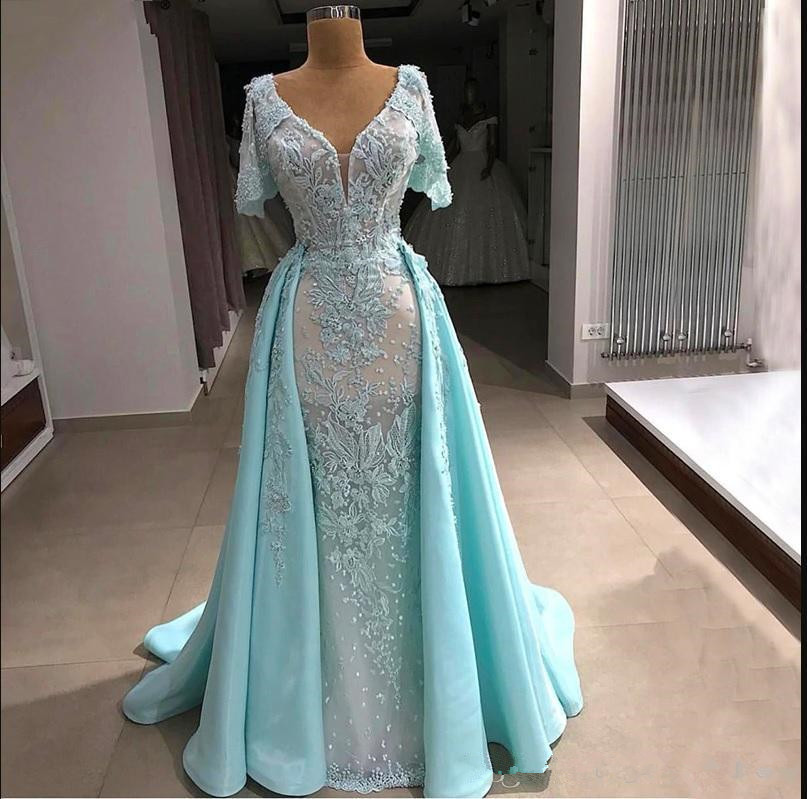 Mermaid Sky Blue Elegant Formal Dresses Beaded Plus Size Dress Overskirt Evening Gowns Robe De Soiree Abendkleider
