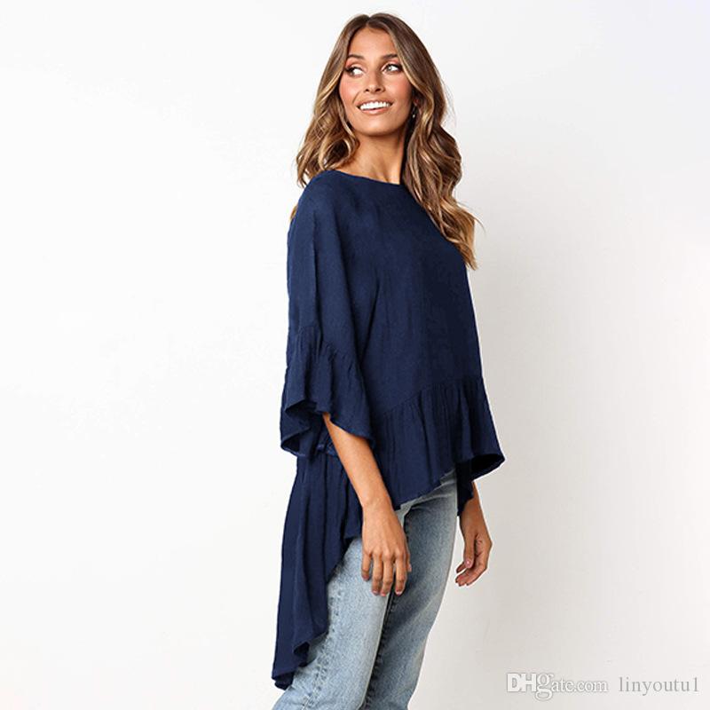 2020 Irregular T Shirt Solid Color Femme 2019 Long Back Short Front Tops Ripped T Shirts Kawaii Plus Size Fashion Seven-quarter sleeve tops