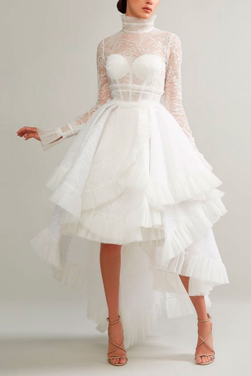 ashi studio white high low prom dresses high neck long sleeve lace evening gowns ruffles a line women formal party dress