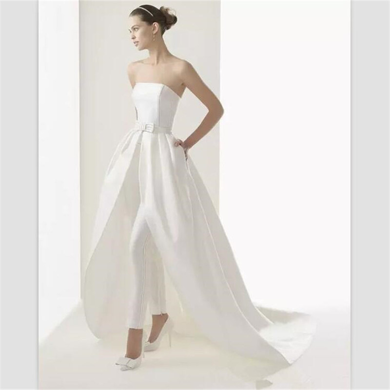 White Satin Jumpsuits Prom Dresses Strapless Formal Evening Gowns Jewel Floor Length Detachable Train Sleeveless Party Dress