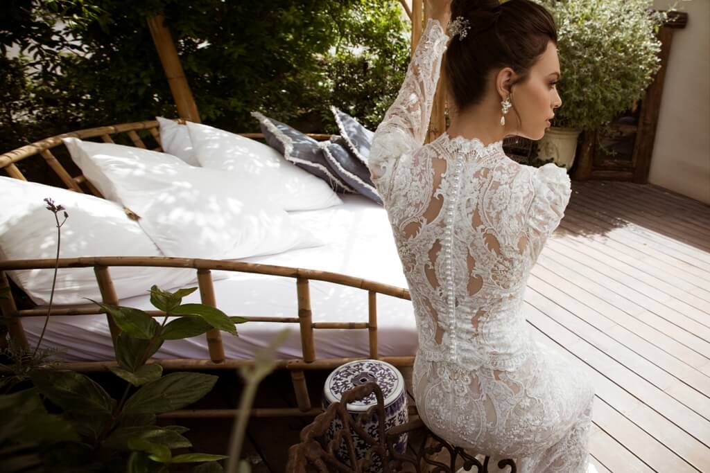 high collar mermaid wedding dresses long sleeve lace appliques bridal gowns illusion beading back wedding dress vestidos de novia