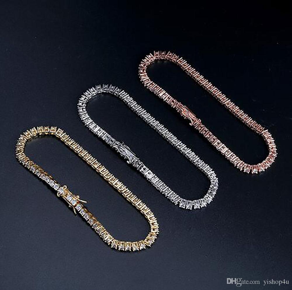 3mm Hip hop tennis chain bracelets cz paved for men women jewelry tennis bracelet mens jewelry gold silver rose gold 7inch 8inch