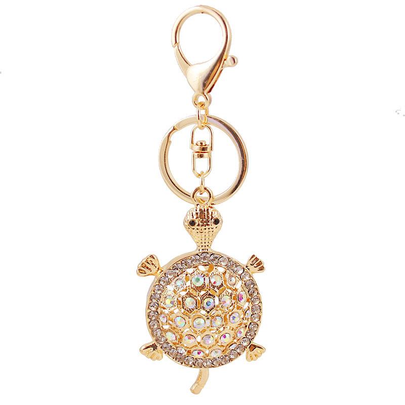Crystal Turtle Shape Car Keychain New Creative Cute Rhinestone Charm Keyring Ring Kawaii Gold Tone Animal Metal Pendant Key Chain