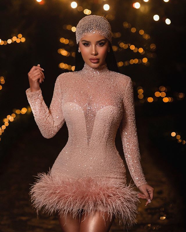 2020 Short Prom Dresses Glitter Sequined High Neck Feather Long Sleeve Evening Gowns Dubai Arabic Cocktail Dress Vestidos