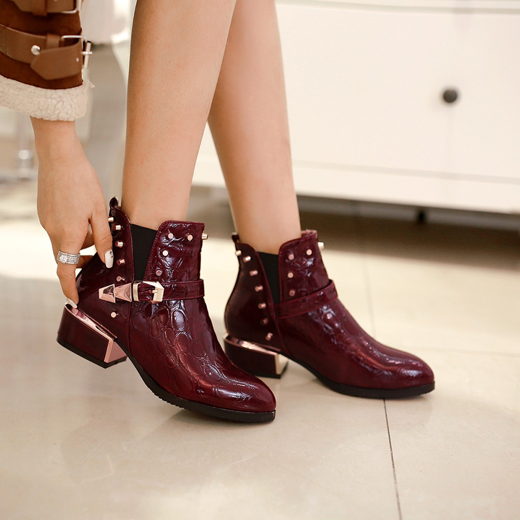 Women motocycle boots Patent leather Cool Pointed Thick Ankle Boots with buckle rivet design chaussure femme ete#101g25, Black
Women motocycle boots Patent leather Cool Pointed Thick Ankle Boots with buckle rivet design chaussure femme ete#101g25, Black