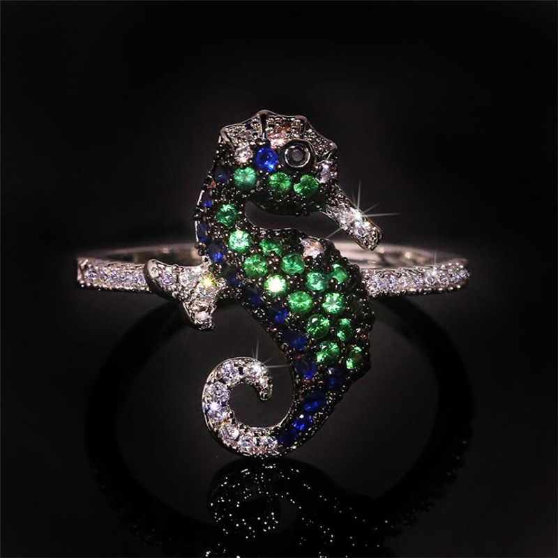 2020 New Vintage Jewelry Women' s Fashion jewelry 925 Sterling Silver Colorful Hippocampus Pave Sapphire CZ Diamond Women Wedding Band Ring