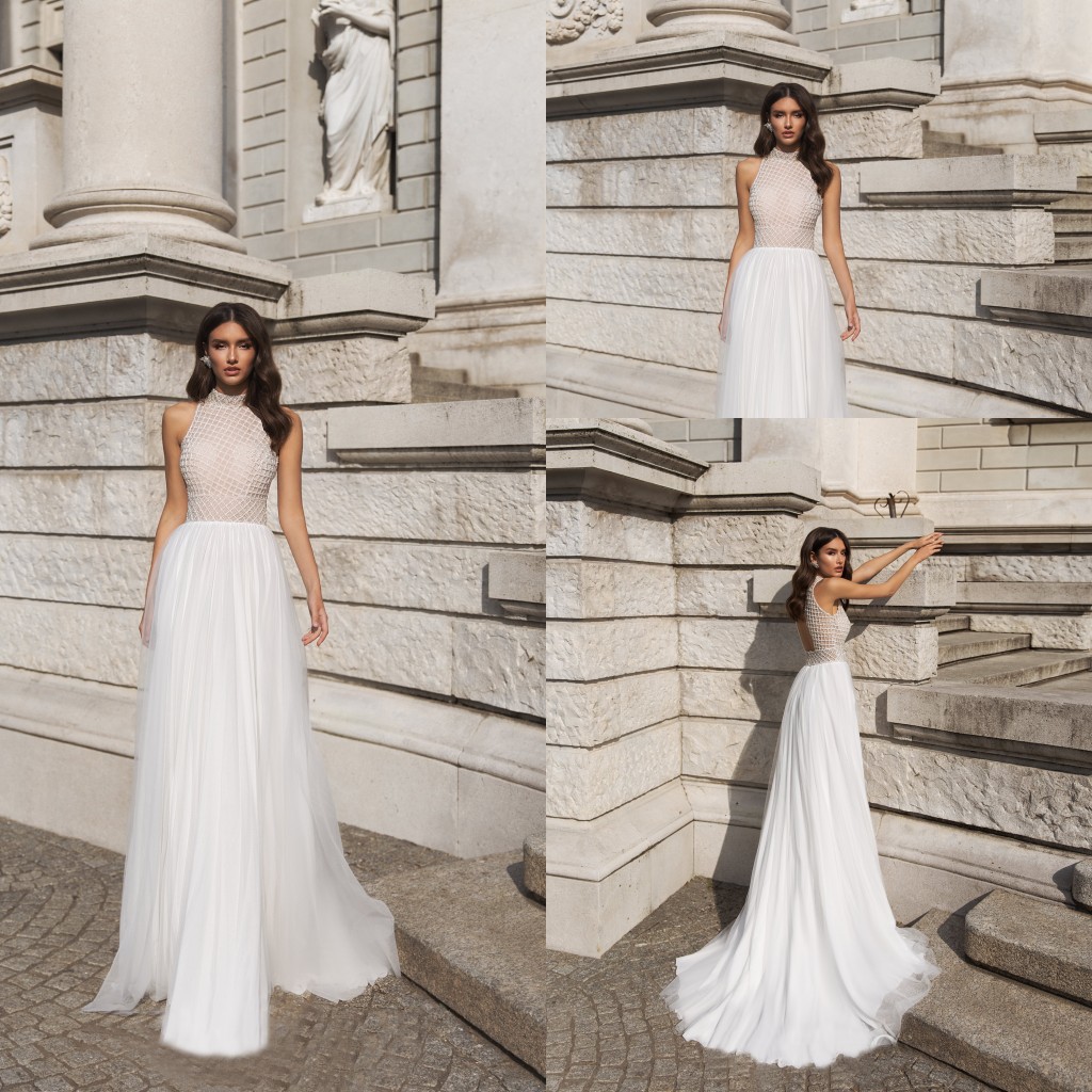 2020 Bohemian Wedding Dresses High Neck Lace Beads A Line Beach Wedding Dress Sweep Train Hollow Back Boho Bridal Gowns Vestidos De Novia