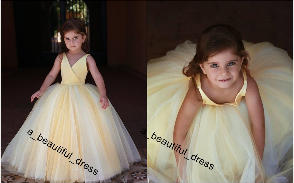 Cute Light Yellow Flower Girls Dresses For Weddings Princess Sleeveless v-Neck Floor Length Little Kids Holy First Communion Dresses FG1239