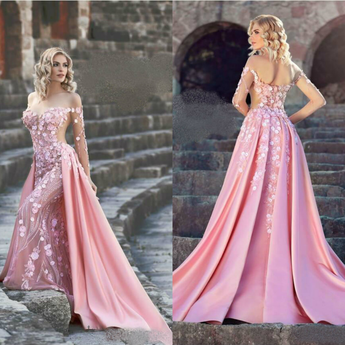 Gorgeous Pink Mermaid Prom Dresses Off Shoulder 3D Floral Appliques Long Evening Dresses with Detachable Train Formal Party Gowns