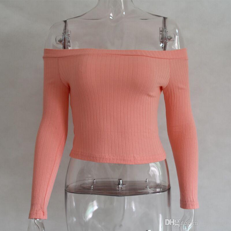 2020 Women Off Shoulder Crop Top T Shirts Long Sleeve Short T-shirts For Women Clothing Fashion Black T-shirt Tops Tees Korean Style