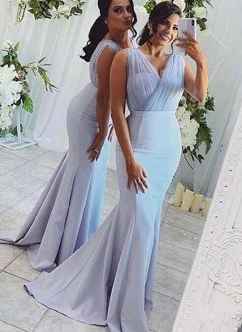 Blue Mermaid Baby Bridesmaid Dresses Long V Neck Pleats Sleeveless Maid Of Honor Dress Sweep Train Satin Wedding Party Gowns