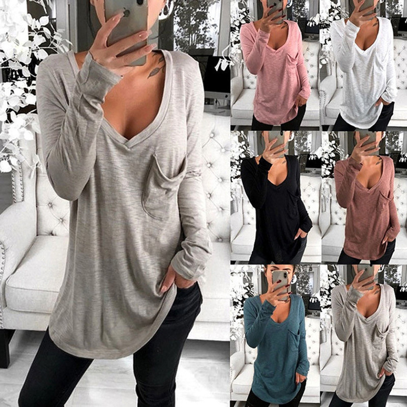 Women Casual Loose long sleeve T shirt top V Neck solid color Basic t shirt Clothing 4 colors, White
Women Casual Loose long sleeve T shirt top V Neck solid color Basic t shirt Clothing 4 colors, White