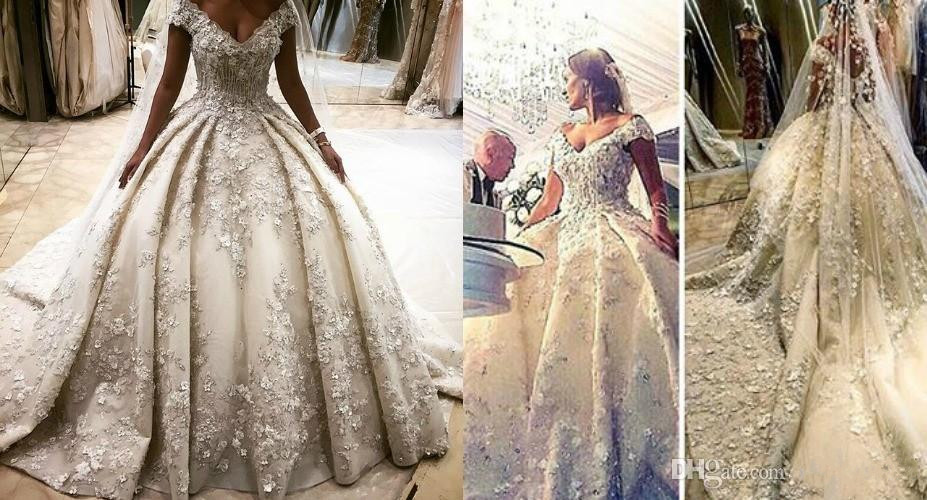 luxury beading wedding dresses ball gown lace 3d floral appliques off the shoulder wedding dress bridal gowns cathedral train