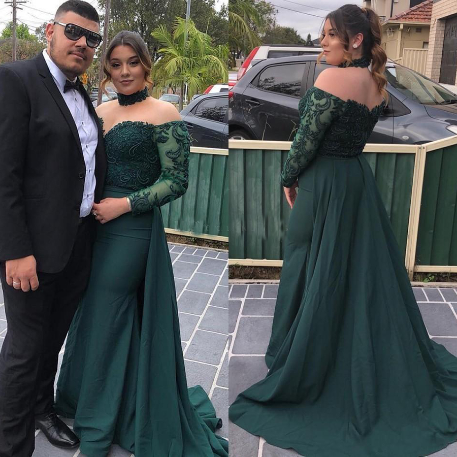 Plus Size Hunter Green Mermaid Prom Dresses With Over Train High Neck Long Sleeve Illusion Bodice Appliques Beads Long Formal Evening Gowns