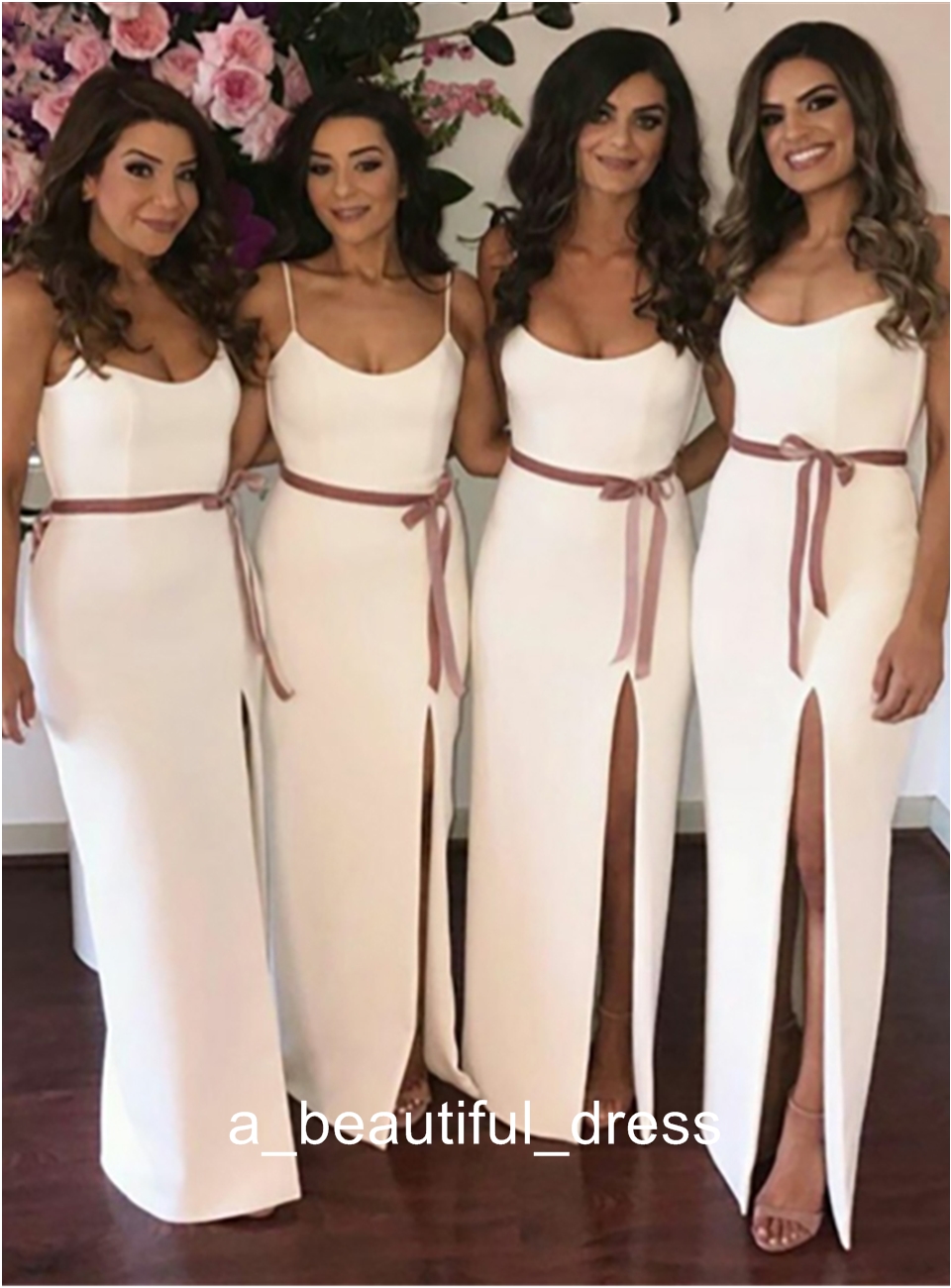 Simple Mermaid Bridesmaid DressesWhite Spaghetti Straps Elastic Satin Side Slit Long Cheap Long Bridesmaid Dresses Custom Made