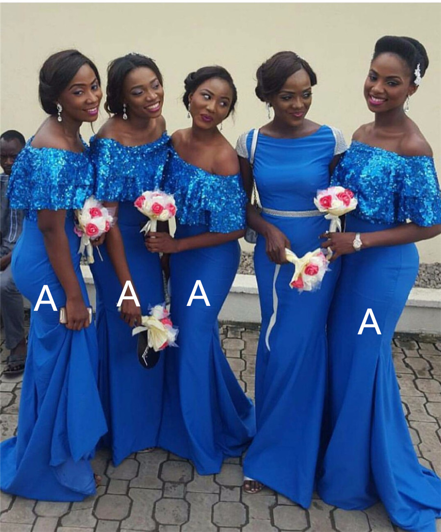New South Africa Blue Mermaid Bridesmaid Dresses 2019 Top Sequins Caped Neckline Elegant Off Shoulder Long Maid of Honor Dresses Plus Size