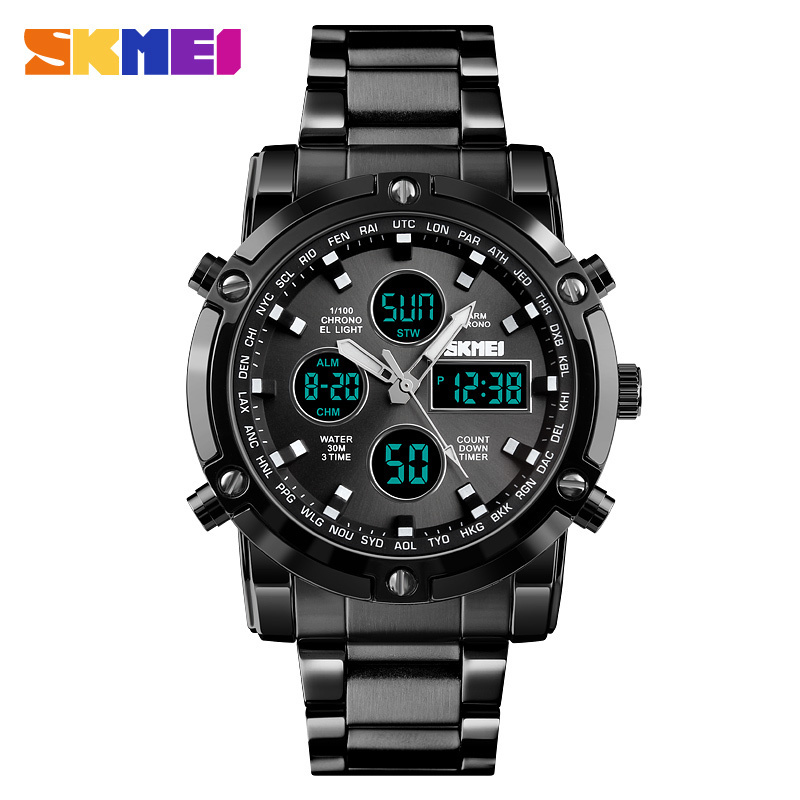 Analog Digital Watches Men Led Full Steel Male Clock Men Military Wristwatch Quartz Sports Watch Reloj Hombre 2018 Skmei Y19051403