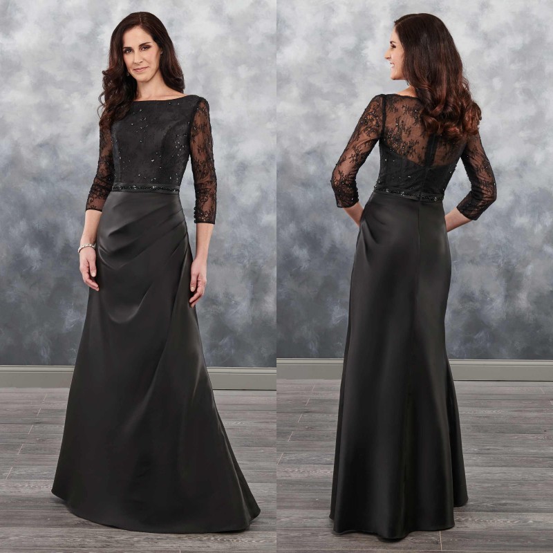Custom Black Mermaid Prom Dresses Floor Length Soft Lace Beaded Evening Gowns 3/4 Long Sleeve Pleat Skirt Mother Of The Bride Dresses
