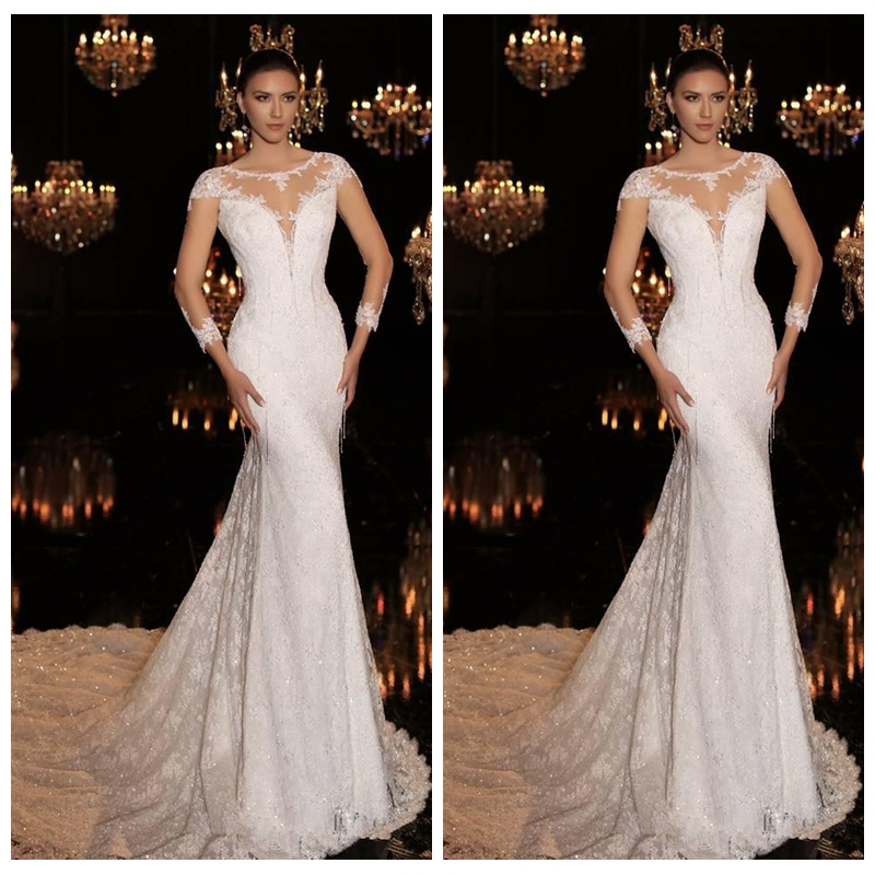 Scoop Long Sleeves Slim Mermaid Lace Appliques Wedding Dresses Beaded Bridal Gowns 2020 Formal Customized European Fashion Vestidos De Marie, Champagne
Scoop Long Sleeves Slim Mermaid Lace Appliques Wedding Dresses Beaded Bridal Gowns 2020 Formal Customized European Fashion Vestidos De Marie, Champagne