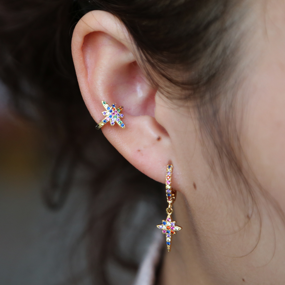 2024 1 piece rainbow cz ear cuff colorful cz northstar wrap clip earring for girls Clip No Pierced factory promotion stack earring clip