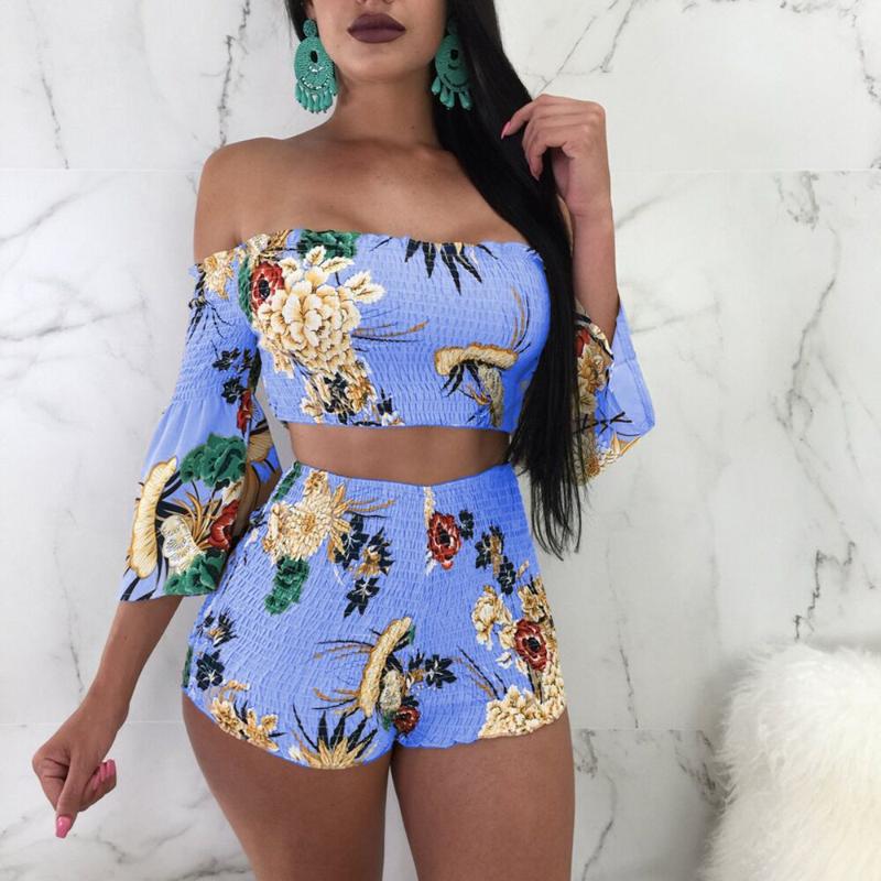 2020 Floral Print Casual Two Piece Set Off Shoulder Cami Top & Shorts Set Summer Short Tracksuit Women Sexy Bodycon Romper S-XXL1