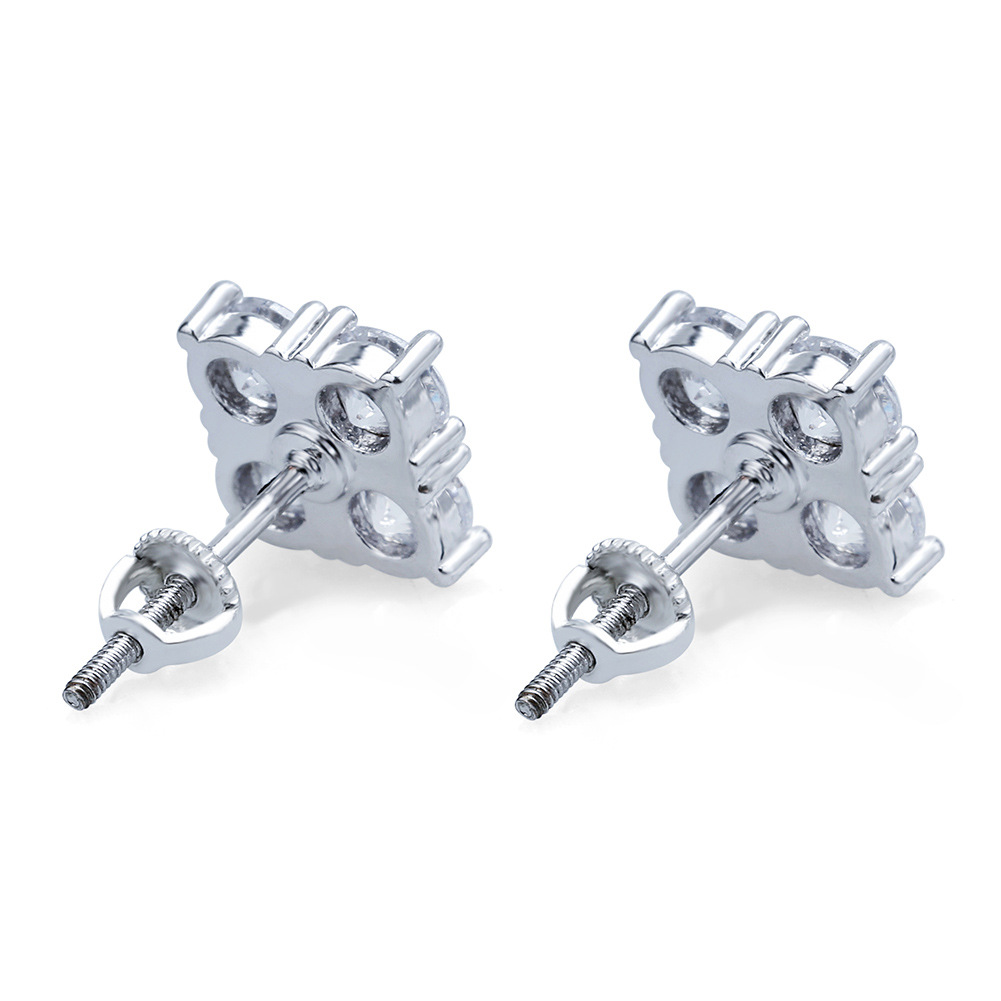 Hip Hop Square Stud Earrings Screw Back Large White Zircon Gold Plated Earrings Vintage Geometric Jewelry