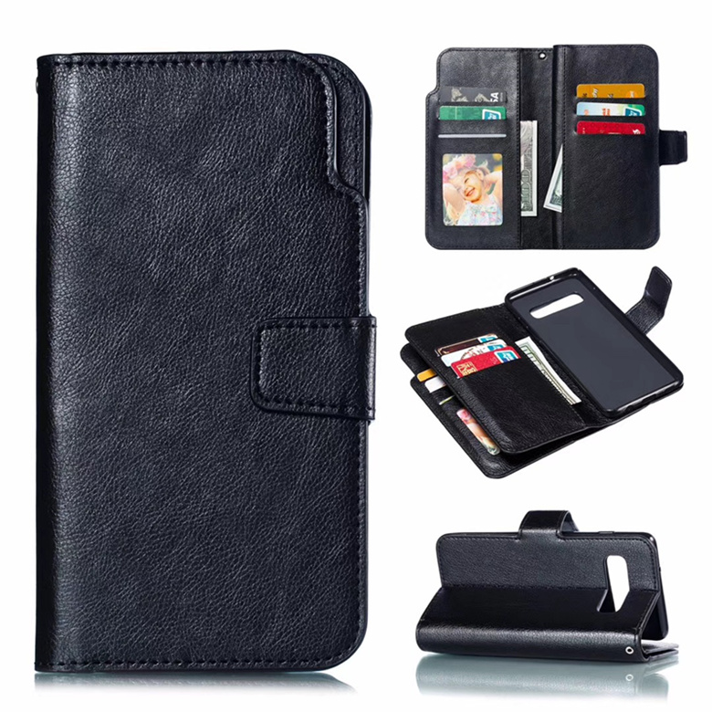 9 Card Slots Folio Vegan Leather Wallet Case Bracket Holster Phone Shell for iPhone XS Max XR 8 Plus Samsung S10 Huawei P30