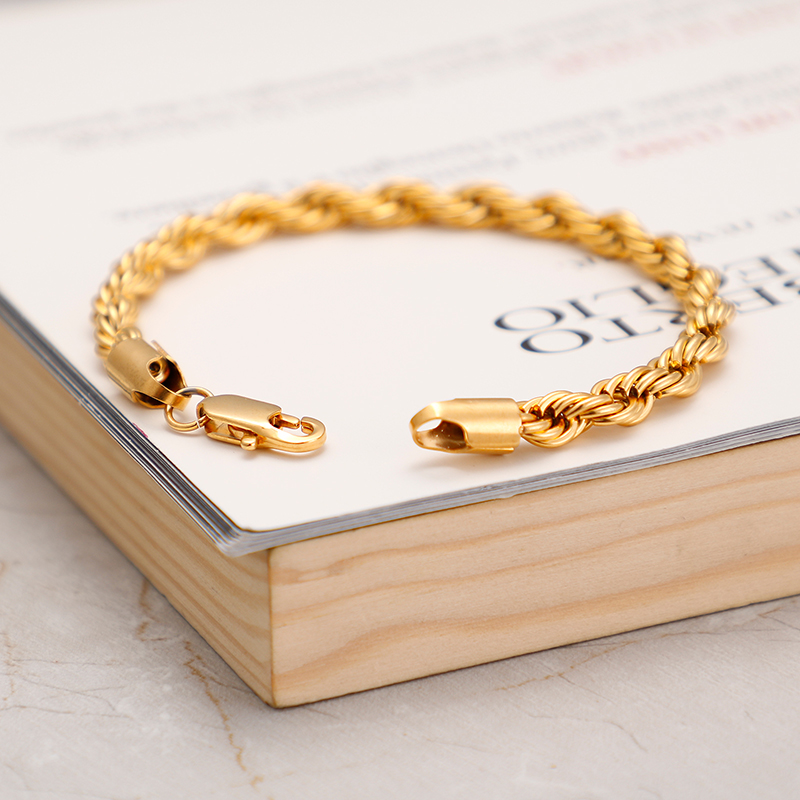 316L Stainless Steel Rope Chain Bracelet Titanium Steel 18K Gold Plated Bangle for Men Women No Fade