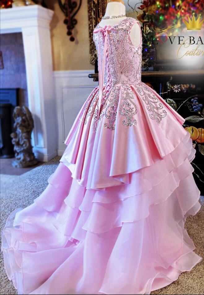 2019 High Low Flower Girl Dresses Jewel Neck Lace Up A Line Girls Pageant Gowns Beaded First Holy Communion Dresses Party Tiered Skirts