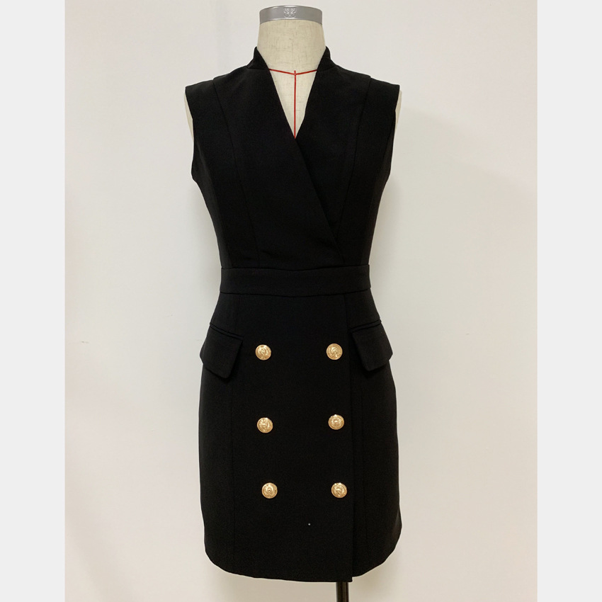 New Style Top Quality Original Design Women's Ladies Classic Working Dress Metal Buckles Double-Breasted Slim Seeveless Dress Evening Dress