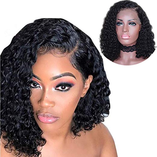 12" Short Deep Small Curly 100% Brazilian Remy Human Hair Wigs for Black Women Natural Curls Wig with Bangs 130% hd invisibble lace front 13x4