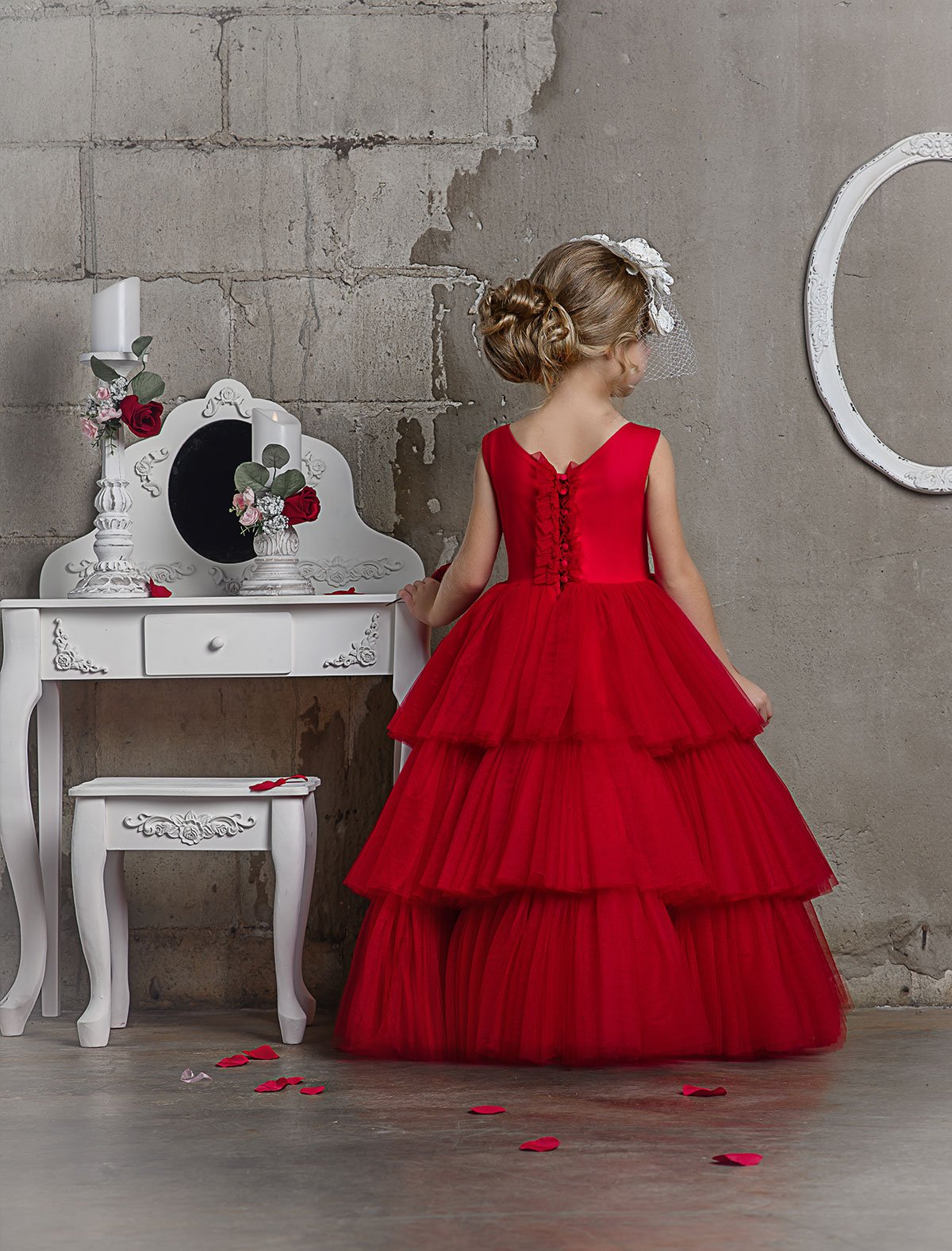 Dollcake Flower Girl Dresses Tulle Lace 3D Floral Appliqued A Line Red Girls Pageant Dress Custom Made Tiered Skirts Cute Kids Formal Gown
