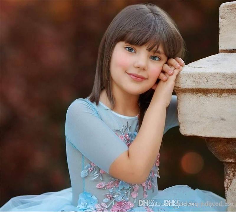Colorful Princess Ball Gown Pageant Dresses Tulle Layered Ruffles Sheer Crew Neck 1/2 Sleeves Long Formal wer Girl Dress For Kids