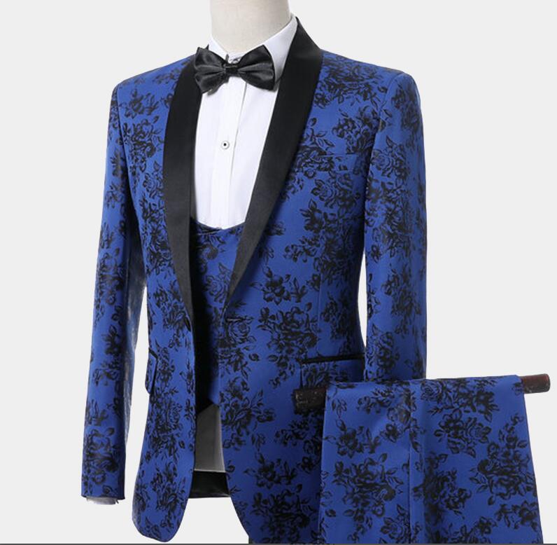 fashion suits with black print blue ral designs mens three pieces blazer slim fit suit jacket men wedding tuxedos
