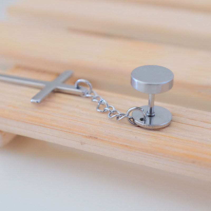 Charm Cross Drop Dangle Earrings Hip Hop Punk Men's Stainless Steel Barbell Stud Earrings Jewelry
