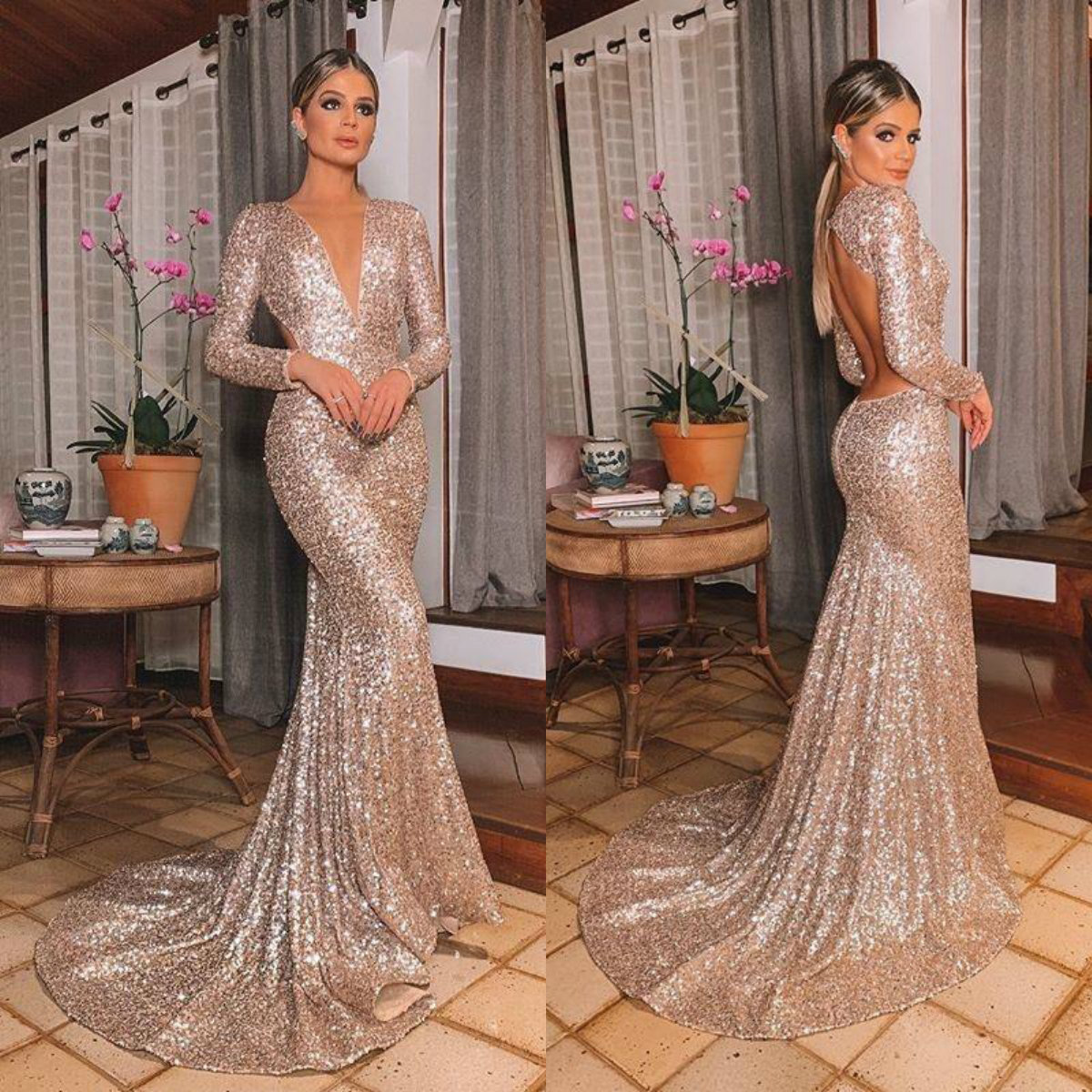 2020 Gold Mermaid Evening Dresses V Neck Sequins Long Sleeves Prom Dress Backless Ruffle Sweep Train Glitter Formal Party Gown, Red
2020 Gold Mermaid Evening Dresses V Neck Sequins Long Sleeves Prom Dress Backless Ruffle Sweep Train Glitter Formal Party Gown, Red