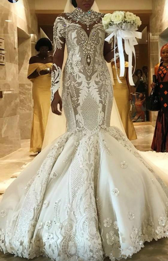 Plus Size African Mermaid Wedding Dresses High Collar Lace Appliqued Crystal Beads Long Sleeve Modest Wedding Gowns Custom Made Bridal Wear