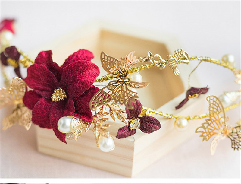 Vintage Wedding Bridal Tiara Burgundy Flower Crown Headband Rhinestone Hair Accessories Jewelry Headpiece Jewelry Rose Party Headdress Gift